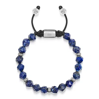 NIALAYA BLUE MEN'S STERLING SILVER FACETED BEADED BRACELET WITH LAPIS LAZULI