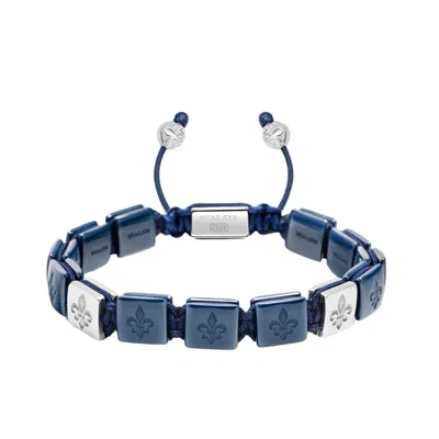 NIALAYA BLUE / SILVER MEN'S CERAMIC FLATBEAD BRACELET IN BLUE AND STERLING SILVER