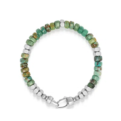 NIALAYA SILVER / GREEN / BLUE MEN'S HEXAGON BEADED BRACELET WITH GREEN TURQUOISE AND SILVER