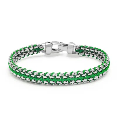 NIALAYA MEN'S GREEN / SILVER GREEN WOVEN BOX CHAIN BRACELET IN SILVER