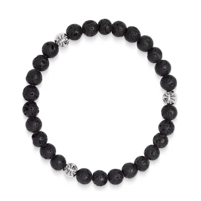NIALAYA MEN'S BLACK / SILVER LAVA STONE BRACELET WITH SILVER BALLS