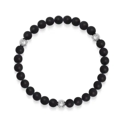 NIALAYA MEN'S BLACK / SILVER MATTE BLACK ONYX BRACELET WITH SILVER BALLS