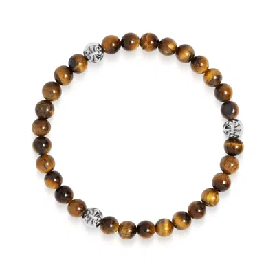 NIALAYA MEN'S BROWN / SILVER TIGER EYE BRACELET WITH SILVER BALLS