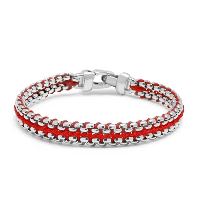 NIALAYA MEN'S RED / SILVER RED WOVEN BOX CHAIN BRACELET IN SILVER