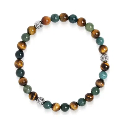 NIALAYA MEN'S 6MM TIGER EYE AND AQUATIC AGATE BRACELET WITH SILVER BALLS