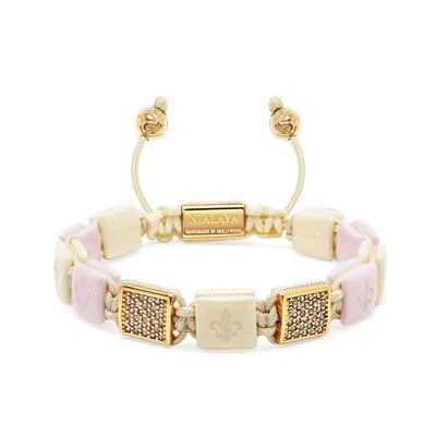 NIALAYA WOMEN'S CREAM & SOFT PINK CERAMIC FLATBEAD BRACELET WITH GOLD CZ