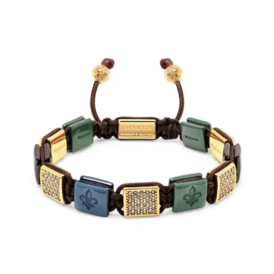 NIALAYA WOMEN'S DARK GREEN, DARK BLUE & BURGUNDY CERAMIC FLATBEAD BRACELET WITH GOLD CZ