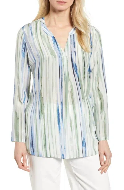 NIC + ZOE WATERCOLOR SILK PRINTED MOJITO NIGHTS BLOUSE IN BLUE