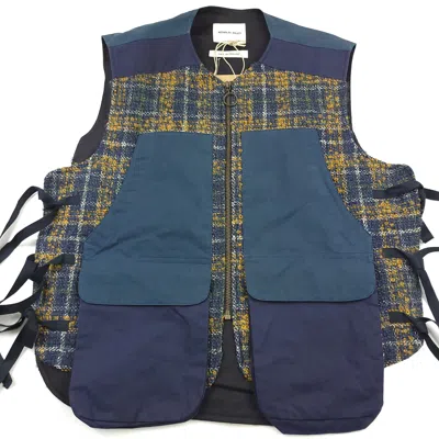 NICHOLAS DALEY $590 NICHOLAS DALEY BLUE & ORANGE PLAID UTILITY WAISTCOAT VEST MENS SIZE SMALL