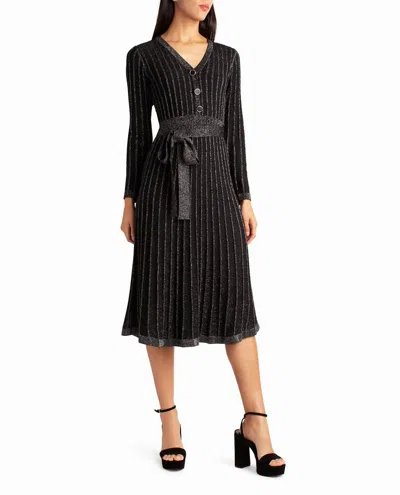 NICOLE MILLER KNIT FIT AND FLARE VALENTINA DRESS IN VERY BLACK LUREX