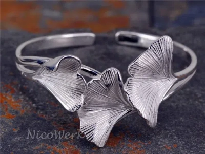NICOWERK SILVER BANGLE GINKGO LEAF GINKO NATURAL WIDE MATTE SMOOTH BANGLE BRACELET 925