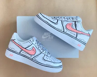 NIKE AIR FORCE 1 CUSTOM CARTOON BLACK OUTLINE PINK SWOOSH WHITE SHOES MENS WOMENS