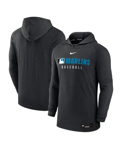 NIKE MEN'S HEATHER BLACK MIAMI MARLINS AUTHENTIC COLLECTION TRI-BLEND PERFORMANCE PULLOVER HOODIE