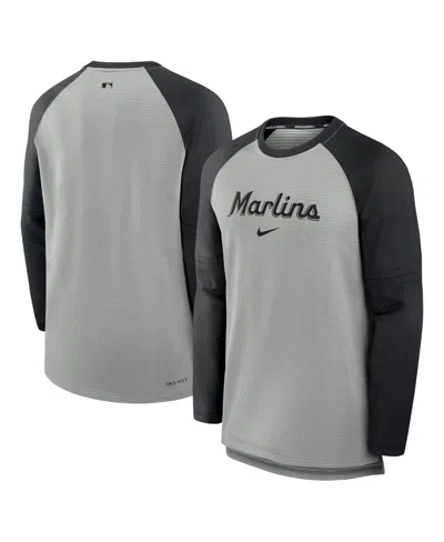NIKE MEN'S HEATHER GRAY/BLACK MIAMI MARLINS AUTHENTIC COLLECTION GAME TIME RAGLAN PERFORMANCE LONG SLEEVE
