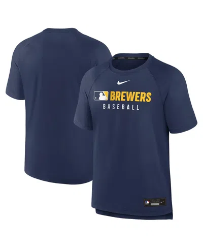 NIKE MEN'S NAVY MILWAUKEE BREWERS AUTHENTIC COLLECTION PREGAME RAGLAN PERFORMANCE T-SHIRT