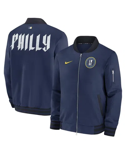 NIKE MEN'S NAVY PHILADELPHIA PHILLIES 2024 CITY CONNECT AUTHENTIC COLLECTION GAME TIME FULL-ZIP BOMBER JA