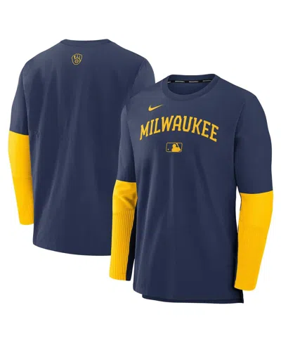 NIKE MEN'S NAVY/GOLD MILWAUKEE BREWERS AUTHENTIC COLLECTION LIGHTWEIGHT PLAYER TRI-BLEND PERFORMANCE PULL