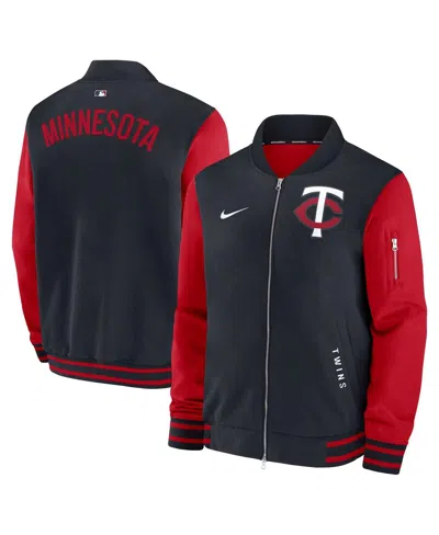 NIKE MEN'S NAVY/RED MINNESOTA TWINS AUTHENTIC COLLECTION DUGOUT FULL-ZIP BOMBER JACKET