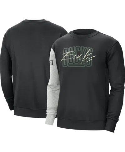 NIKE MEN'S NIKE BLACK, HEATHER GRAY MILWAUKEE BUCKS COURTSIDE VERSUS FORCE & FLIGHT PULLOVER SWEATSHIRT
