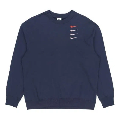 NIKE Men's Nike French Terry Swoosh 4 Embroidered Round Neck Sports Pullover Autumn Navy Blue