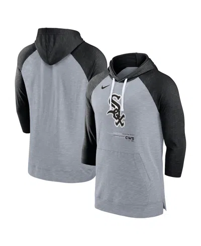 NIKE MEN'S NIKE HEATHER GRAY, HEATHER BLACK CHICAGO WHITE SOX BASEBALL RAGLAN 3/4 SLEEVE PULLOVER HOODIE
