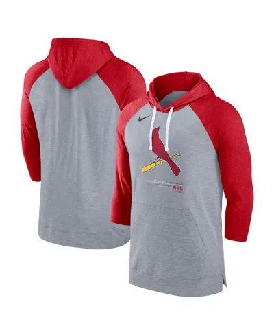 NIKE MEN'S NIKE HEATHER GRAY, HEATHER RED ST. LOUIS CARDINALS BASEBALL RAGLAN 3/4 SLEEVE PULLOVER HOODIE