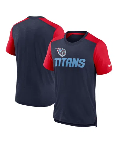 NIKE MEN'S NIKE HEATHERED NAVY, HEATHERED RED TENNESSEE TITANS COLOR BLOCK TEAM NAME T-SHIRT