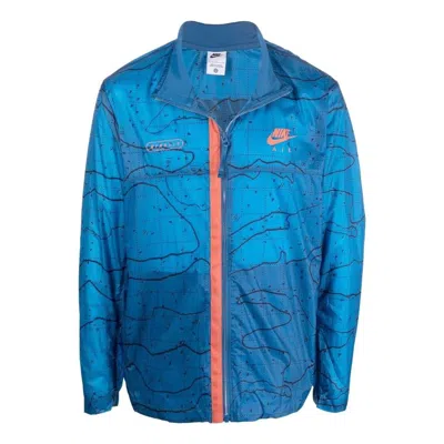 NIKE Men's Nike Printing Logo Stripe Zipper Stand Collar Jacket Blue