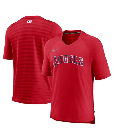 NIKE MEN'S NIKE RED LOS ANGELES ANGELS AUTHENTIC COLLECTION PREGAME RAGLAN PERFORMANCE V-NECK T-SHIRT