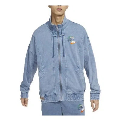NIKE Men's Nike Sportswear Solid Color Logo Casual Denim Long Sleeves Stand Collar Autumn Blue Jacket