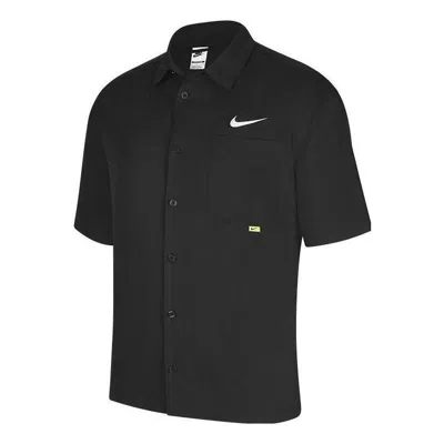 NIKE Men's Nike SWOOSH Chest Brand Logo Limited Lapel Solid Color Short Sleeve Black Shirt