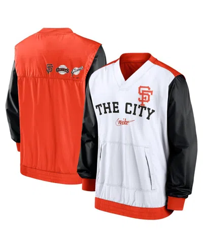 NIKE MEN'S NIKE WHITE, ORANGE SAN FRANCISCO GIANTS REWIND WARMUP V-NECK PULLOVER JACKET