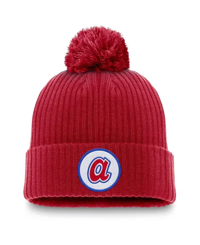 NIKE MEN'S RED ATLANTA BRAVES COOPERSTOWN COLLECTION PATCH CUFFED WITH POM KNIT HAT