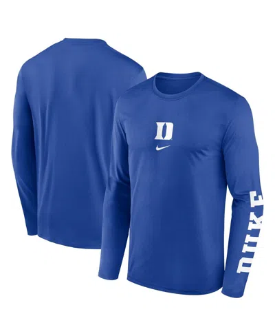 NIKE MEN'S ROYAL DUKE BLUE DEVILS PRIME TIMECENTER LOCKUP TWO-HIT LEGEND LONG SLEEVE T-SHIRT