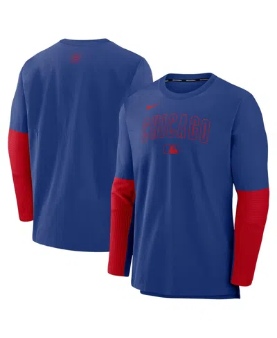 NIKE MEN'S ROYAL/RED CHICAGO CUBS AUTHENTIC COLLECTION LIGHTWEIGHT PLAYER TRI-BLEND PERFORMANCE PULLOVER 