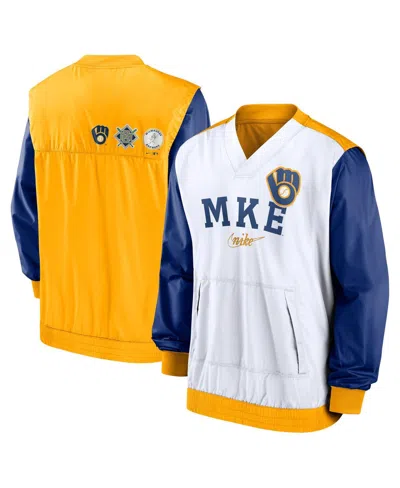 NIKE MEN'S WHITE/GOLD MILWAUKEE BREWERS REWIND WARMUP V-NECK PULLOVER JACKET
