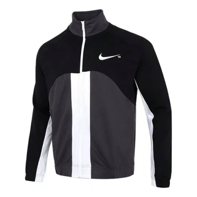 NIKE Nike Sportswear Swoosh Contrast Color Stitching Knit Stand Collar Logo Jacket Black