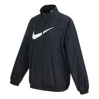 NIKE (WMNS) Nike Sportswear Essential Logo Pattern Wrinkled Woven Loose Stand Collar Jacket Black