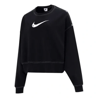 NIKE (WMNS) Nike Sportswear Swoosh Logo Embroidered Loose Knit Short Round Neck Pullover Black Hoodie