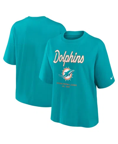 NIKE WOMEN'S AQUA MIAMI DOLPHINS ESSENTIAL SCRIPT RELAXED BOXY T-SHIRT