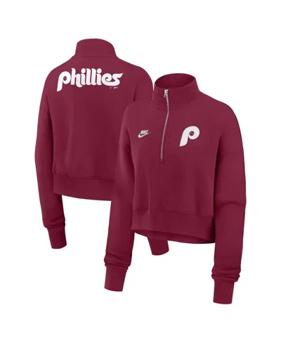 NIKE WOMEN'S BURGUNDY PHILADELPHIA PHILLIES COOPERSTOWN COLLECTION PHOENIX FLEECE HALF-ZIP SWEATSHIRT