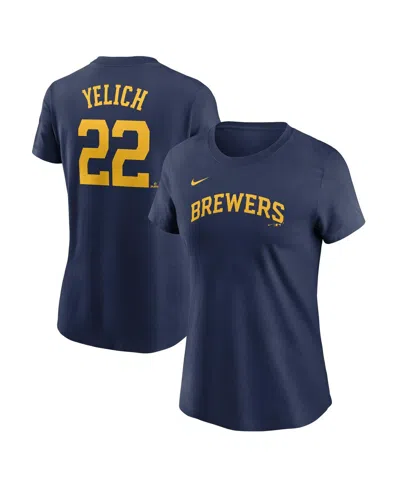 NIKE WOMEN'S CHRISTIAN YELICH NAVY MILWAUKEE BREWERS FUSE NAME NUMBER T-SHIRT