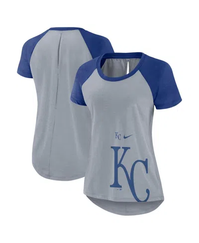 NIKE WOMEN'S HEATHER GRAY KANSAS CITY ROYALS SUMMER BREEZE RAGLAN FASHION T-SHIRT