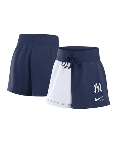 NIKE WOMEN'S NAVY/WHITE NEW YORK YANKEES COLOR-BLOCK PHOENIX FLEECE LOUNGE SHORTS