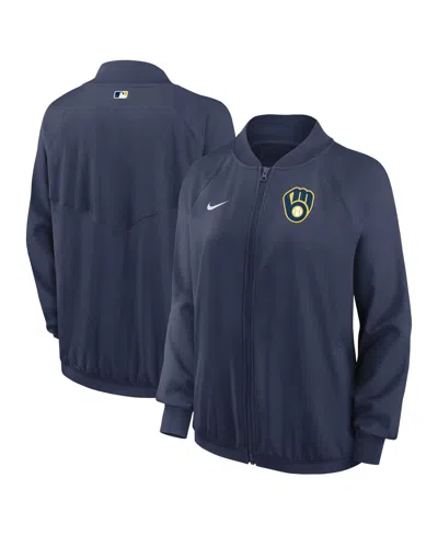 NIKE WOMEN'S NIKE NAVY MILWAUKEE BREWERS AUTHENTIC COLLECTION TEAM RAGLAN PERFORMANCE FULL-ZIP JACKET