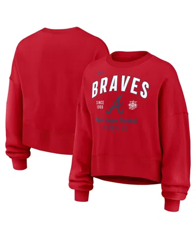 NIKE WOMEN'S RED ATLANTA BRAVES OVERSIZED LONG SLEEVE CROPPED PULLOVER SWEATSHIRT