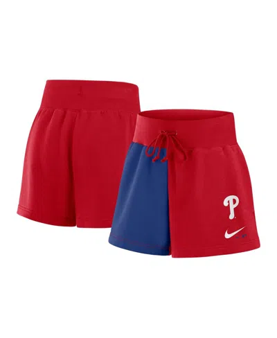 NIKE WOMEN'S RED/ROYAL PHILADELPHIA PHILLIES COLOR BLOCK PHOENIX FLEECE LOUNGE SHORTS