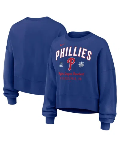 NIKE WOMEN'S ROYAL PHILADELPHIA PHILLIES OVERSIZED LONG SLEEVE CROPPED PULLOVER SWEATSHIRT