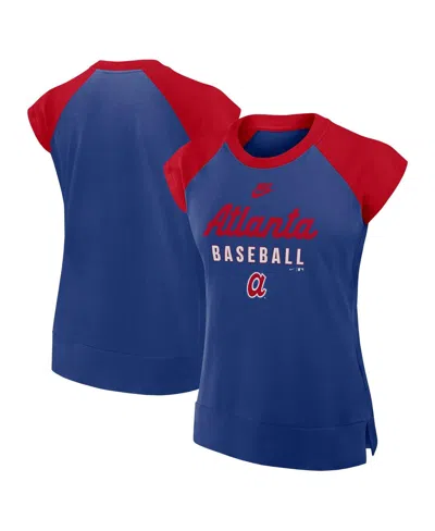 NIKE WOMEN'S ROYAL/RED ATLANTA BRAVES COOPERSTOWN COLLECTION RAGLAN PERFORMANCE T-SHIRT