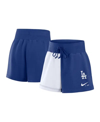 NIKE WOMEN'S ROYAL/WHITE LOS ANGELES DODGERS COLOR-BLOCK PHOENIX FLEECE LOUNGE SHORTS